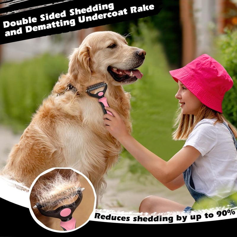 Augwind 3PCS Self Cleaning Slicker Brush & Pet Grooming Rake & Flea Comb for Dogs,Cats and Horses | Double-Sided Dematting Comb & Skin Friendly Deshedding Grooming Tool | Pet Supplies (Light Pink Black) - Image 3